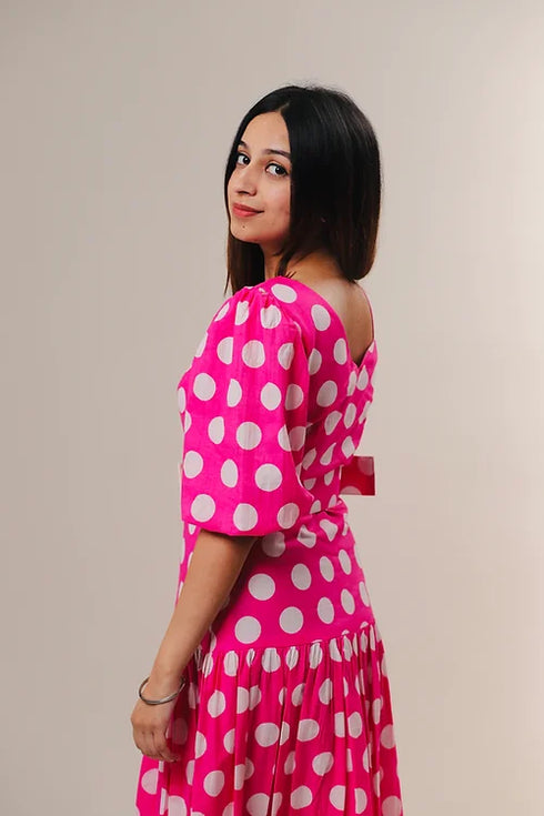 Pink And White Polka Dots Midi Dress
